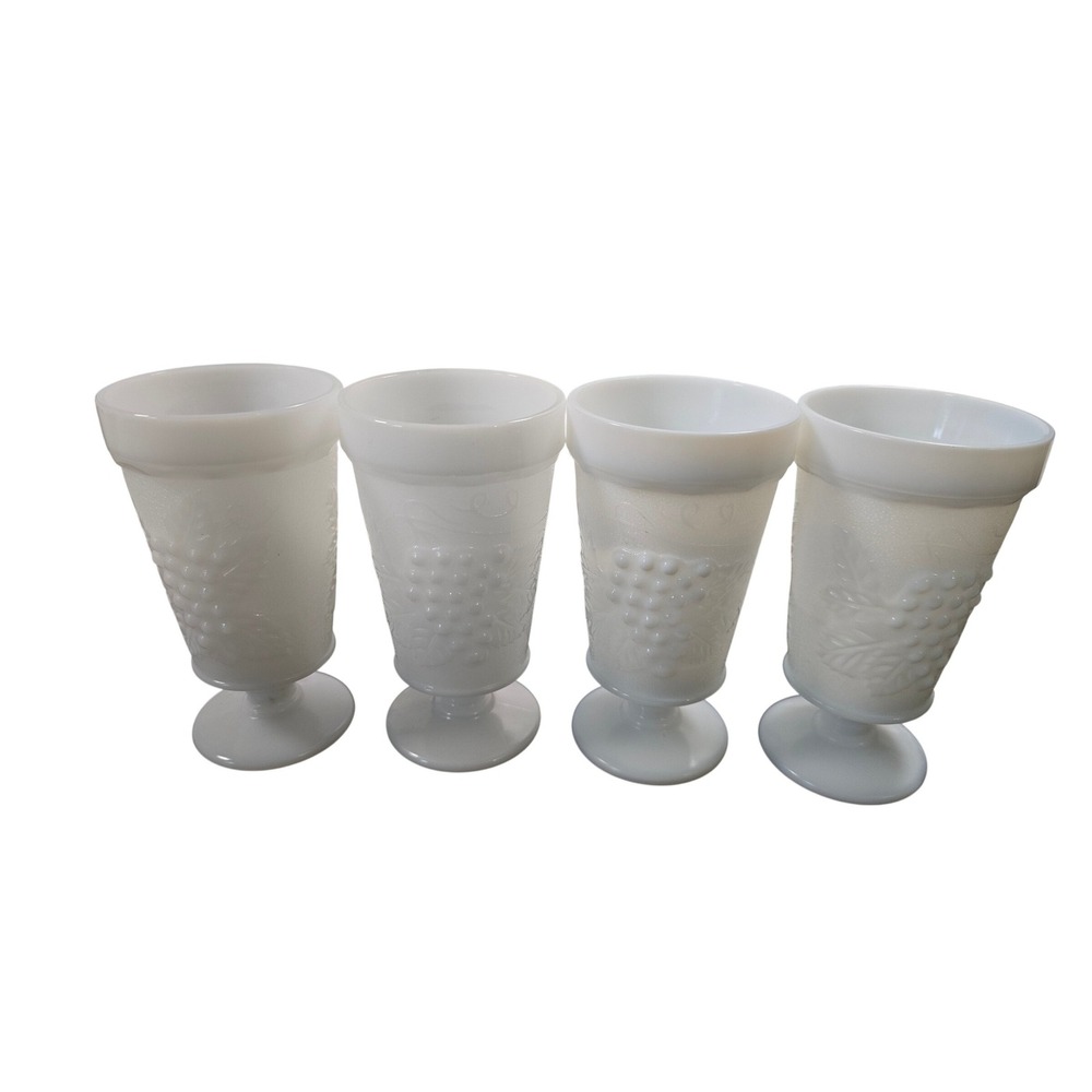 Vintage Milk Glass Harvest Grape Goblets Footed Tumblers Set of 4 White 5.25in